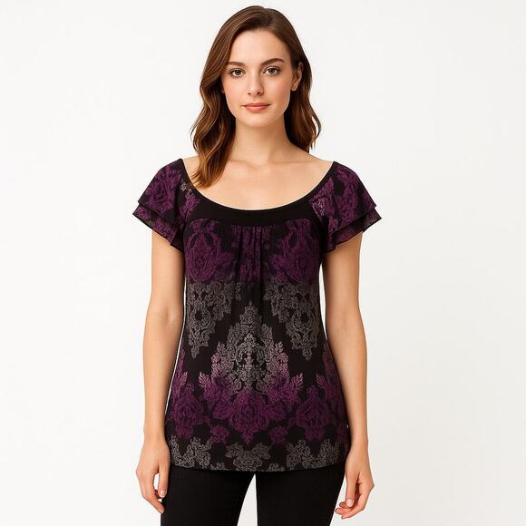 Dark Fairy Purple Multicolor Stretch Short Ruffle Flutter Slv Witchy Whimsy SM - Picture 2 of 10